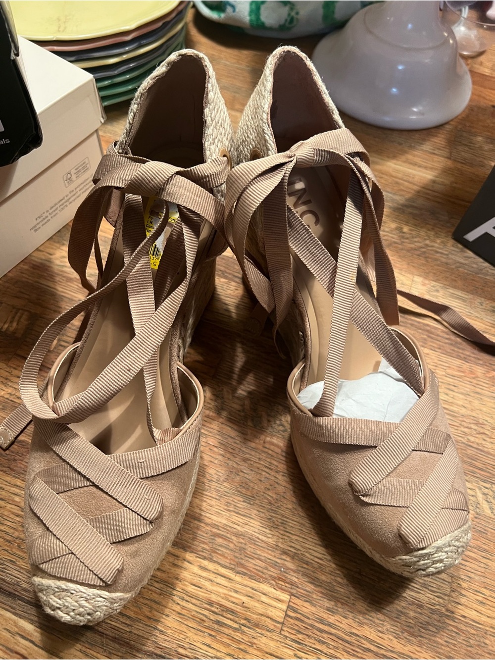 INC International Concepts Taupe Suede Lace-Up Espadrille Wedges Size 9.5 NIB
